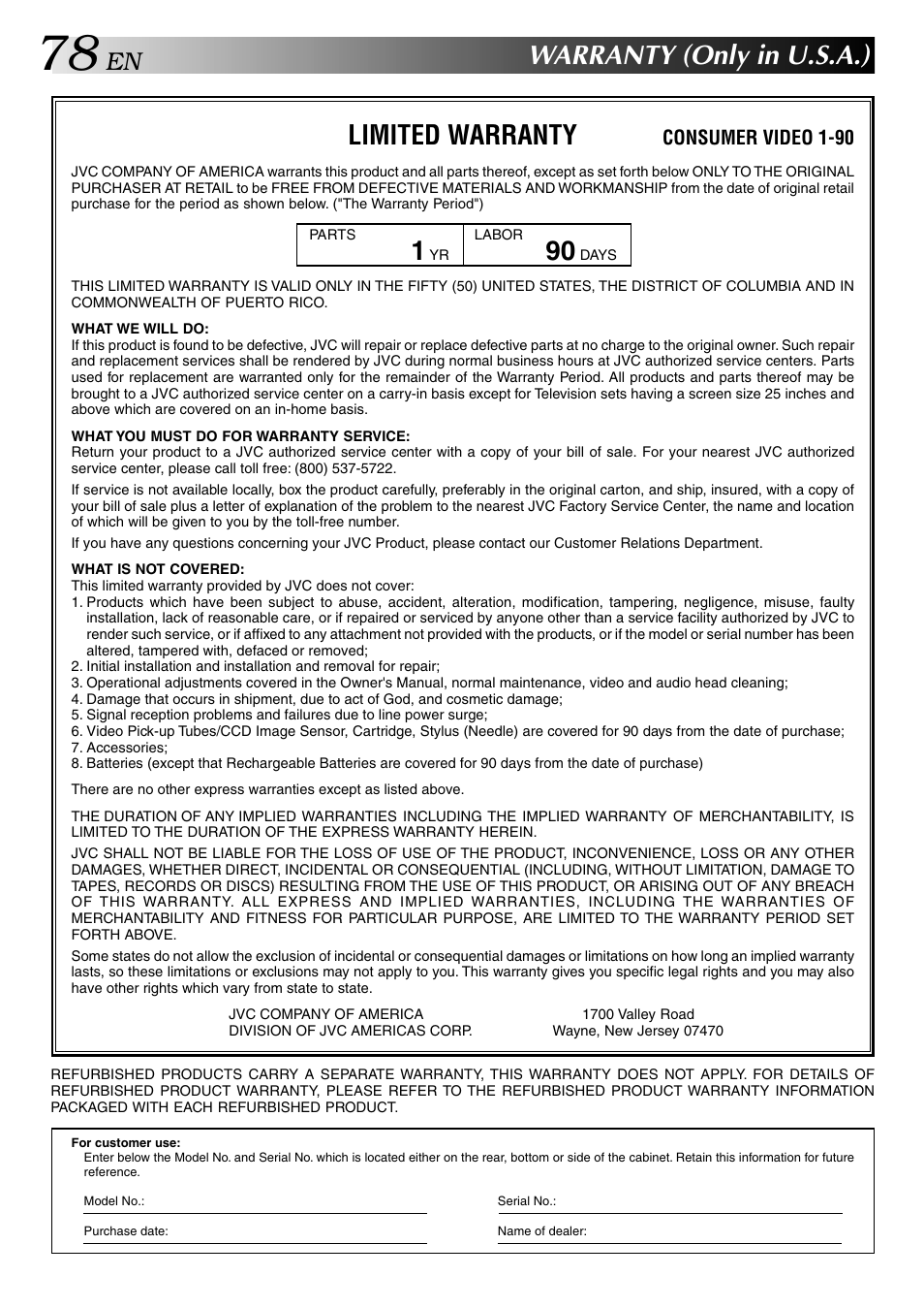 Warranty (only in u.s.a.), Limited warranty, Consumer video 1-90 | JVC HR-DVS2U User Manual | Page 78 / 80