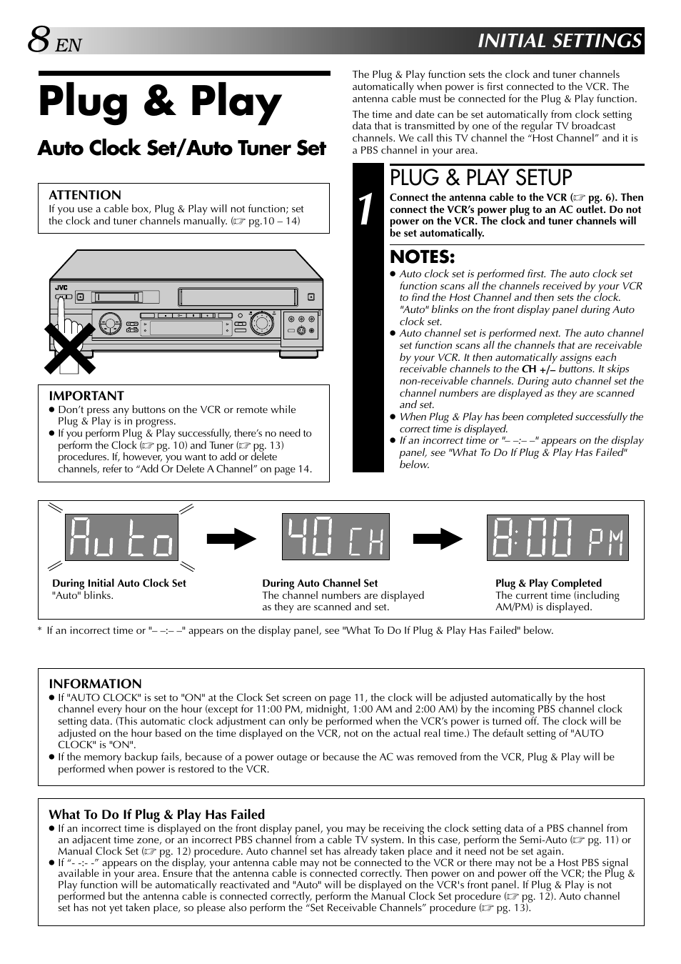 Initial settings, Plug & play, Plug & play setup | Auto clock set/auto tuner set | JVC HR-DVS2U User Manual | Page 8 / 80
