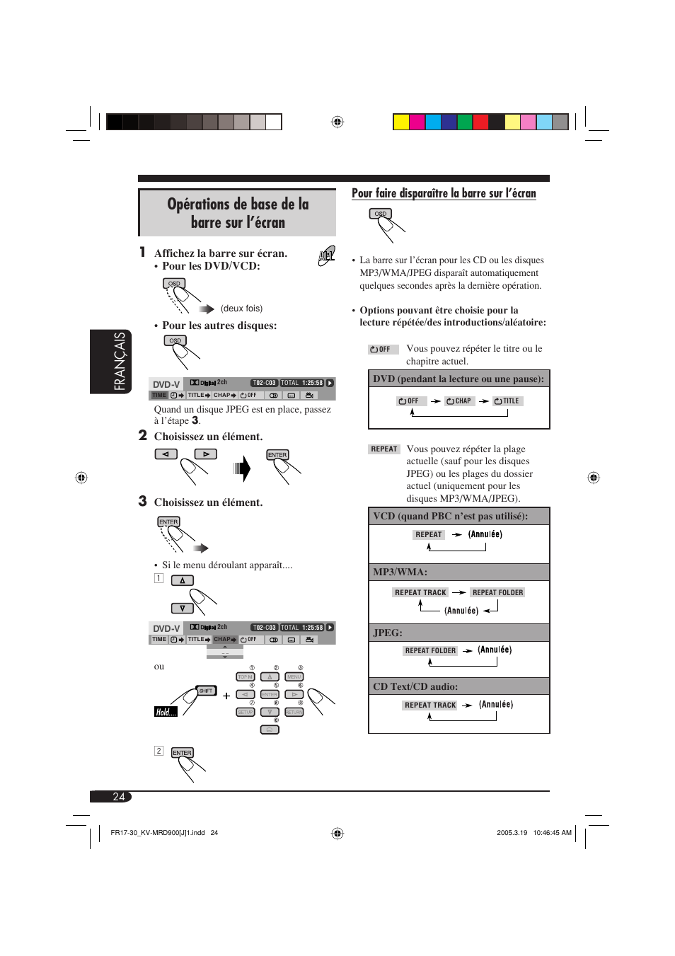 Opérations de base de la barre sur l’écran, Fran ç ais, Pour faire disparaître la barre sur l’écran | JVC LVT1340-001A User Manual | Page 100 / 117