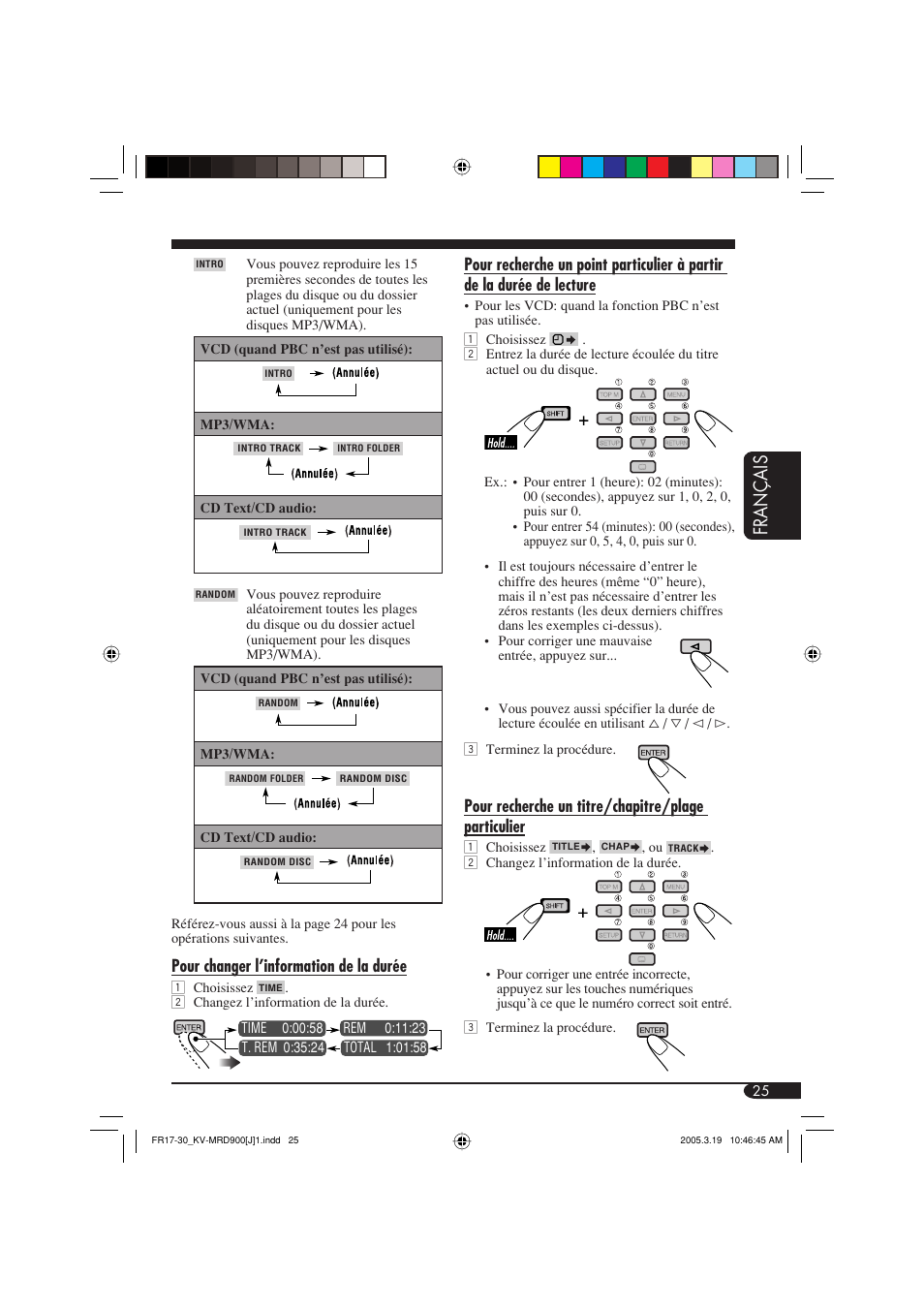 Fran ç ais, Pour changer l’information de la durée, Pour recherche un titre/chapitre/plage particulier | JVC LVT1340-001A User Manual | Page 101 / 117