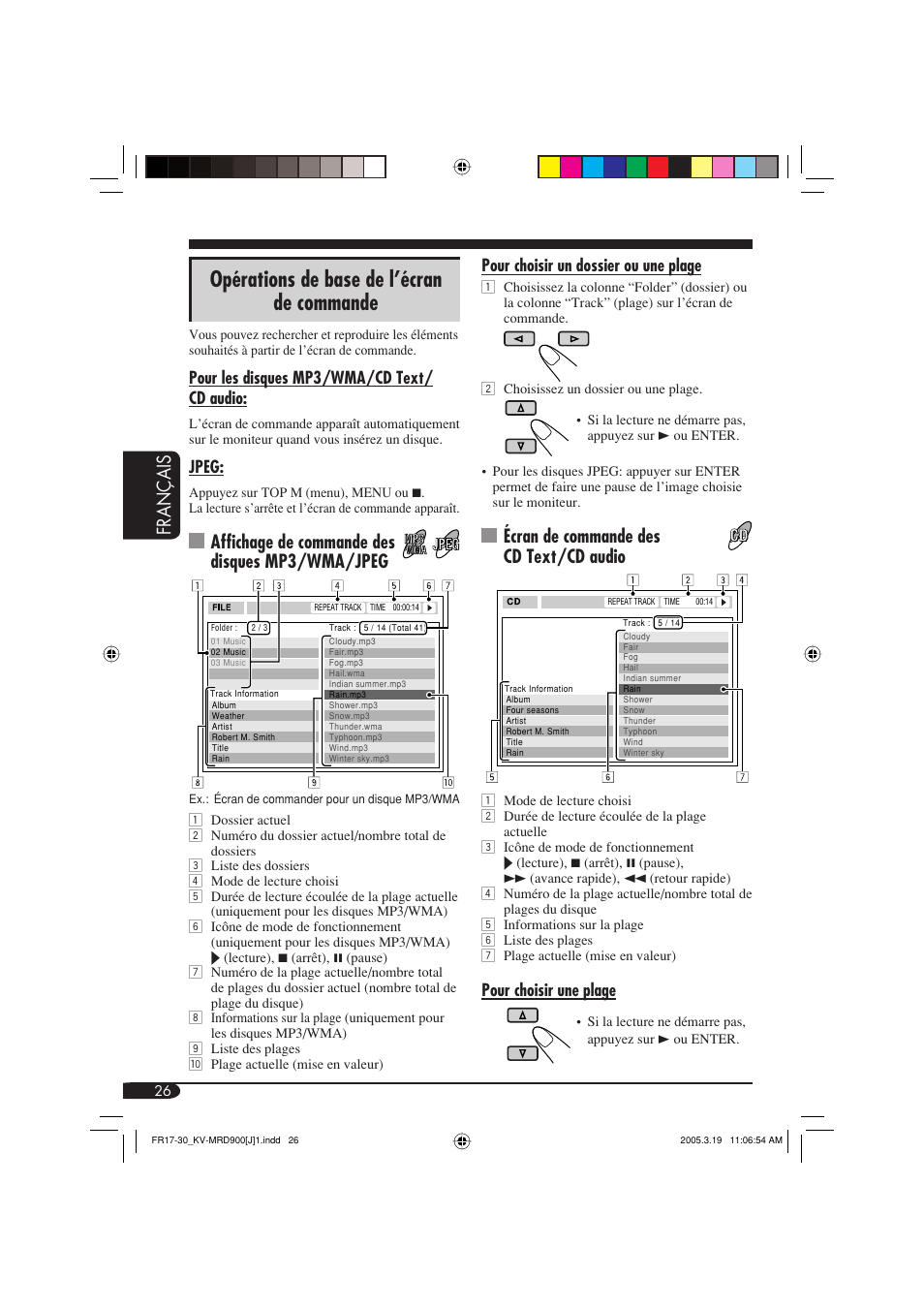 Opérations de base de l’écran de commande, Français, Écran de commande des cd text/cd audio | Affichage de commande des disques mp3/wma/jpeg, Pour choisir un dossier ou une plage, Pour choisir une plage, Pour les disques mp3/wma/cd text/ cd audio, Jpeg | JVC LVT1340-001A User Manual | Page 102 / 117