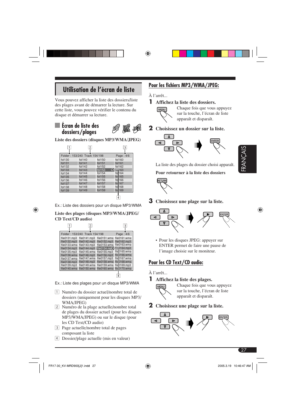 Utilisation de l’écran de liste, Fran ç ais, Écran de liste des dossiers/plages | JVC LVT1340-001A User Manual | Page 103 / 117
