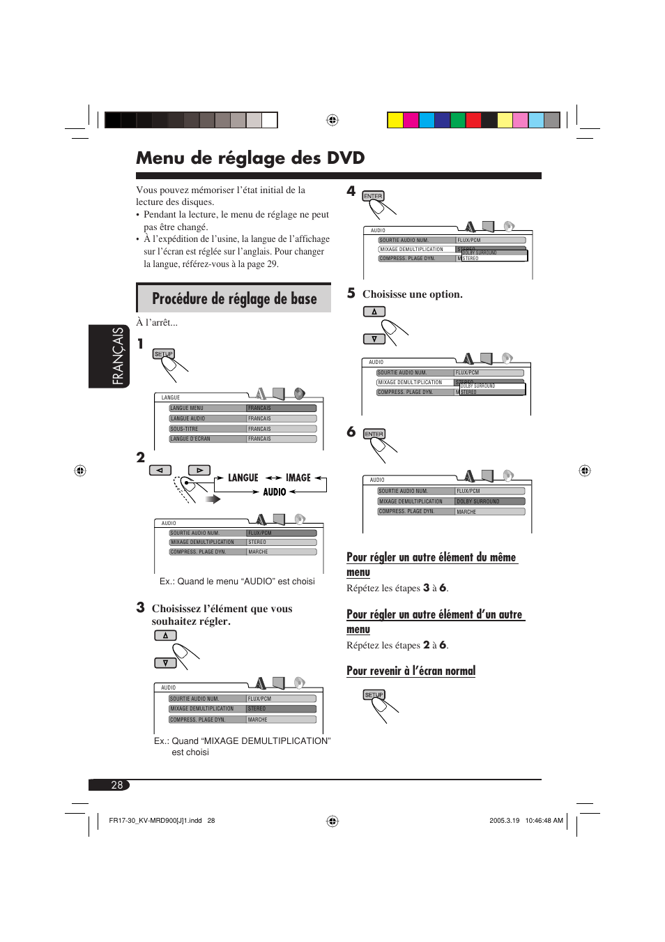 Menu de réglage des dvd, Procédure de réglage de base, Fran ç ais | Pour régler un autre élément du même menu, Pour régler un autre élément d’un autre menu, Pour revenir à l’écran normal, Choisissez l’élément que vous souhaitez régler, Choisisse une option | JVC LVT1340-001A User Manual | Page 104 / 117
