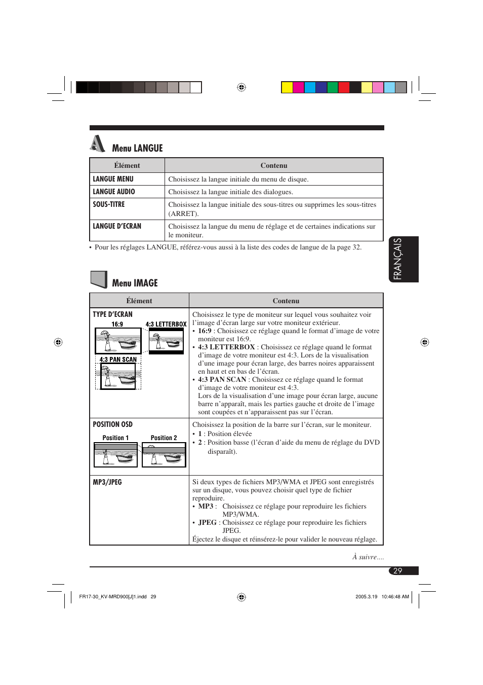 Fran ç ais menu langue, Menu image | JVC LVT1340-001A User Manual | Page 105 / 117