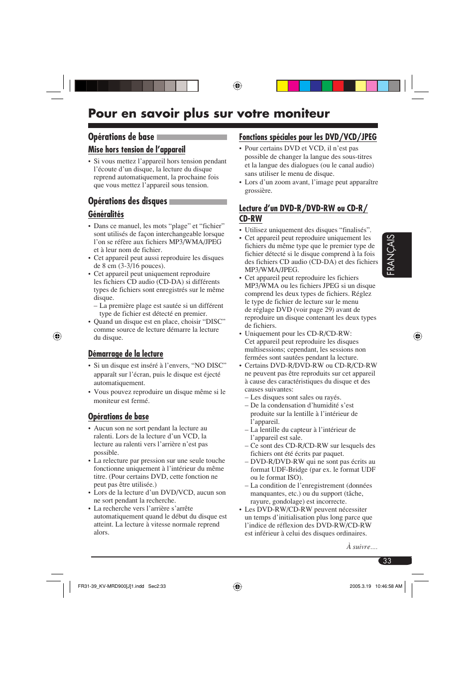 Pour en savoir plus sur votre moniteur, Fran ç ais, Opérations de base | Opérations des disques | JVC LVT1340-001A User Manual | Page 109 / 117