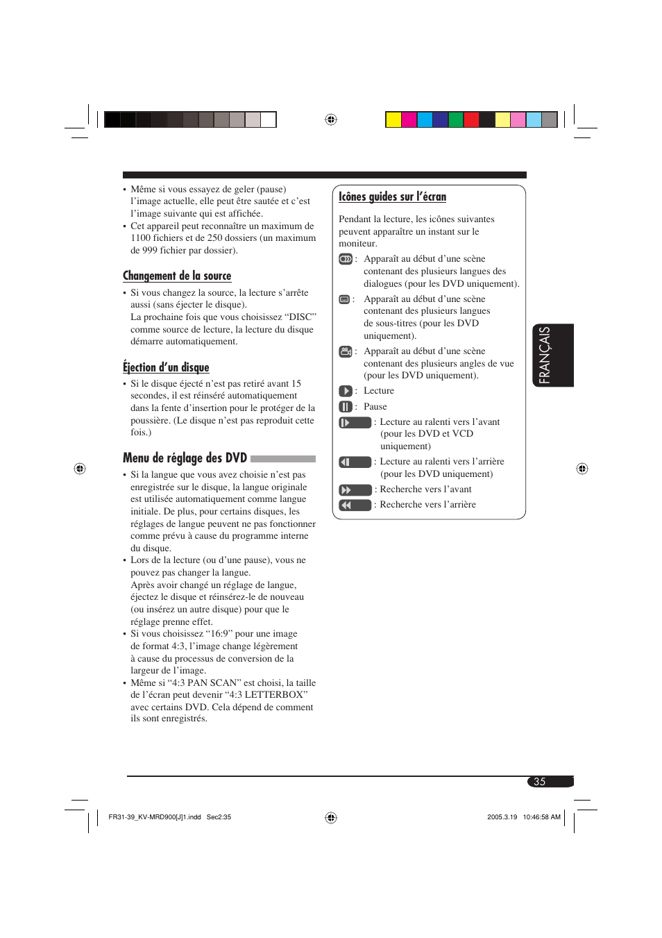 Fran ç ais, Menu de réglage des dvd | JVC LVT1340-001A User Manual | Page 111 / 117