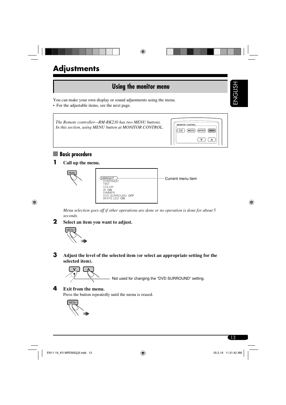 Adjustments, Using the monitor menu, English | Basic procedure 1 | JVC LVT1340-001A User Manual | Page 13 / 117