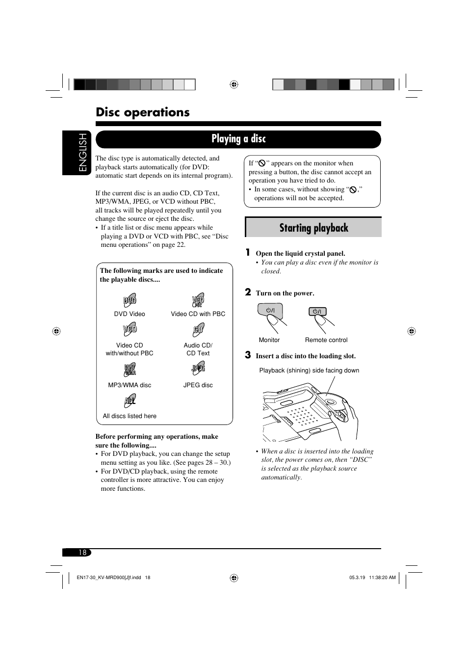 Disc operations, Starting playback, Playing a disc | English | JVC LVT1340-001A User Manual | Page 18 / 117