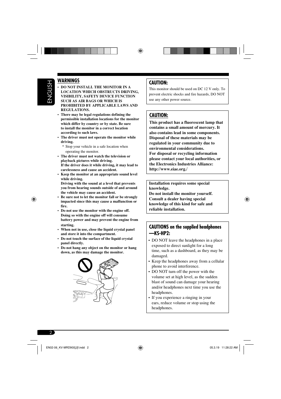 English, Warnings, Caution | Cautions on the supplied headphones —ks-hp2 | JVC LVT1340-001A User Manual | Page 2 / 117