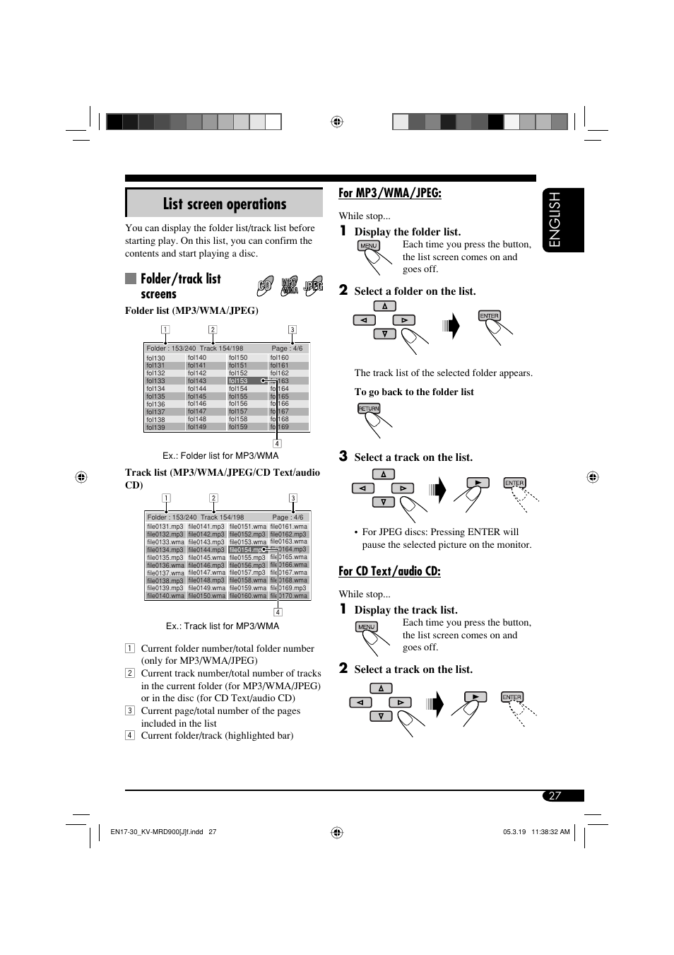 List screen operations, English, Folder/track list screens | JVC LVT1340-001A User Manual | Page 27 / 117