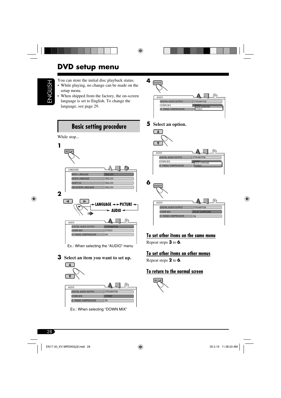 Dvd setup menu, Basic setting procedure, English | Select an item you want to set up, Select an option | JVC LVT1340-001A User Manual | Page 28 / 117