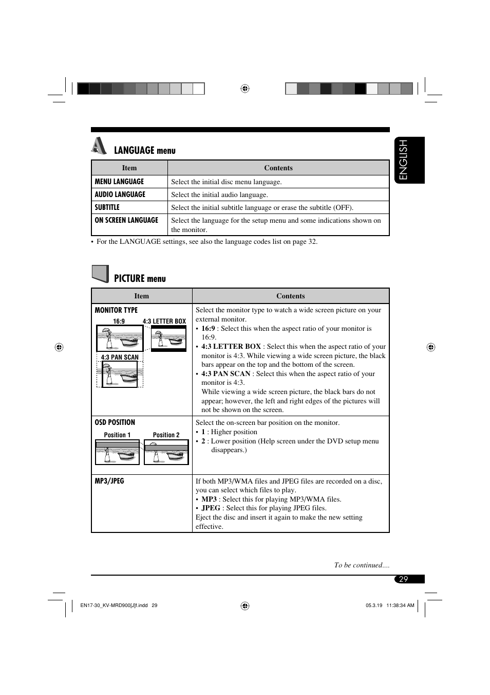 English, Language menu, Picture menu | JVC LVT1340-001A User Manual | Page 29 / 117