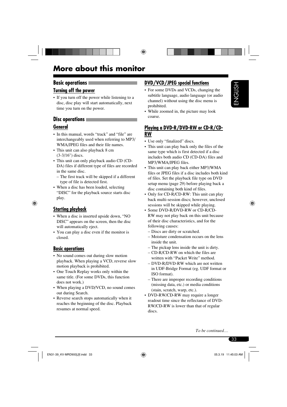 More about this monitor, English, Basic operations | Disc operations | JVC LVT1340-001A User Manual | Page 33 / 117