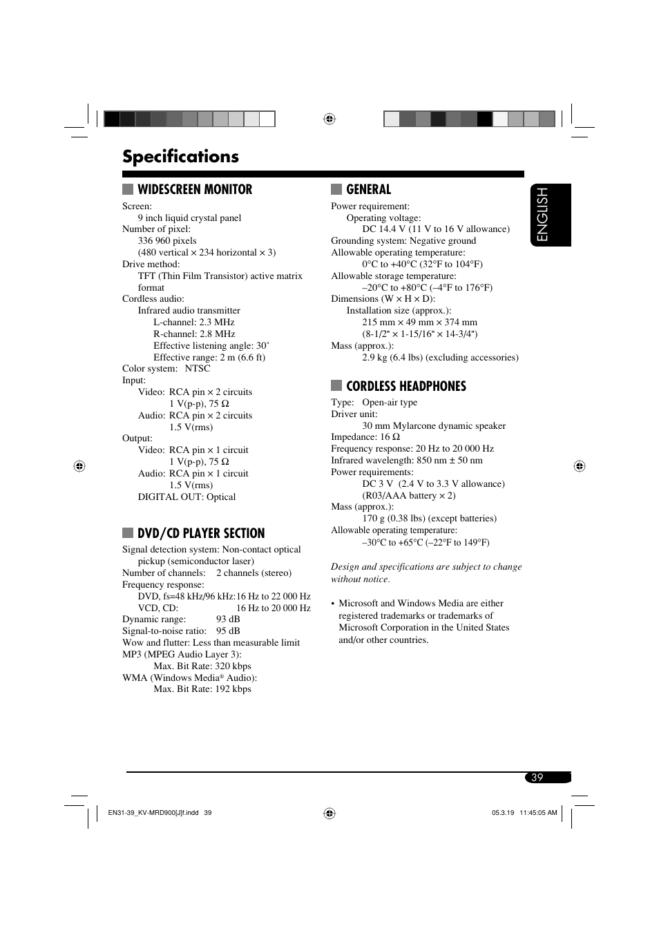 Specifications, English, Widescreen monitor | General, Cordless headphones | JVC LVT1340-001A User Manual | Page 39 / 117