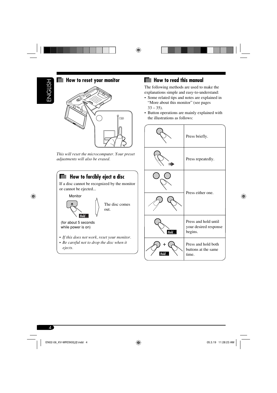 English how to read this manual, How to reset your monitor, How to forcibly eject a disc | JVC LVT1340-001A User Manual | Page 4 / 117