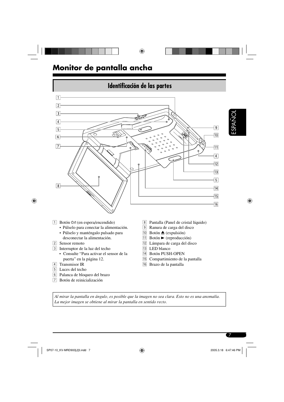 Monitor de pantalla ancha, Identificación de las partes, Esp añol | JVC LVT1340-001A User Manual | Page 45 / 117