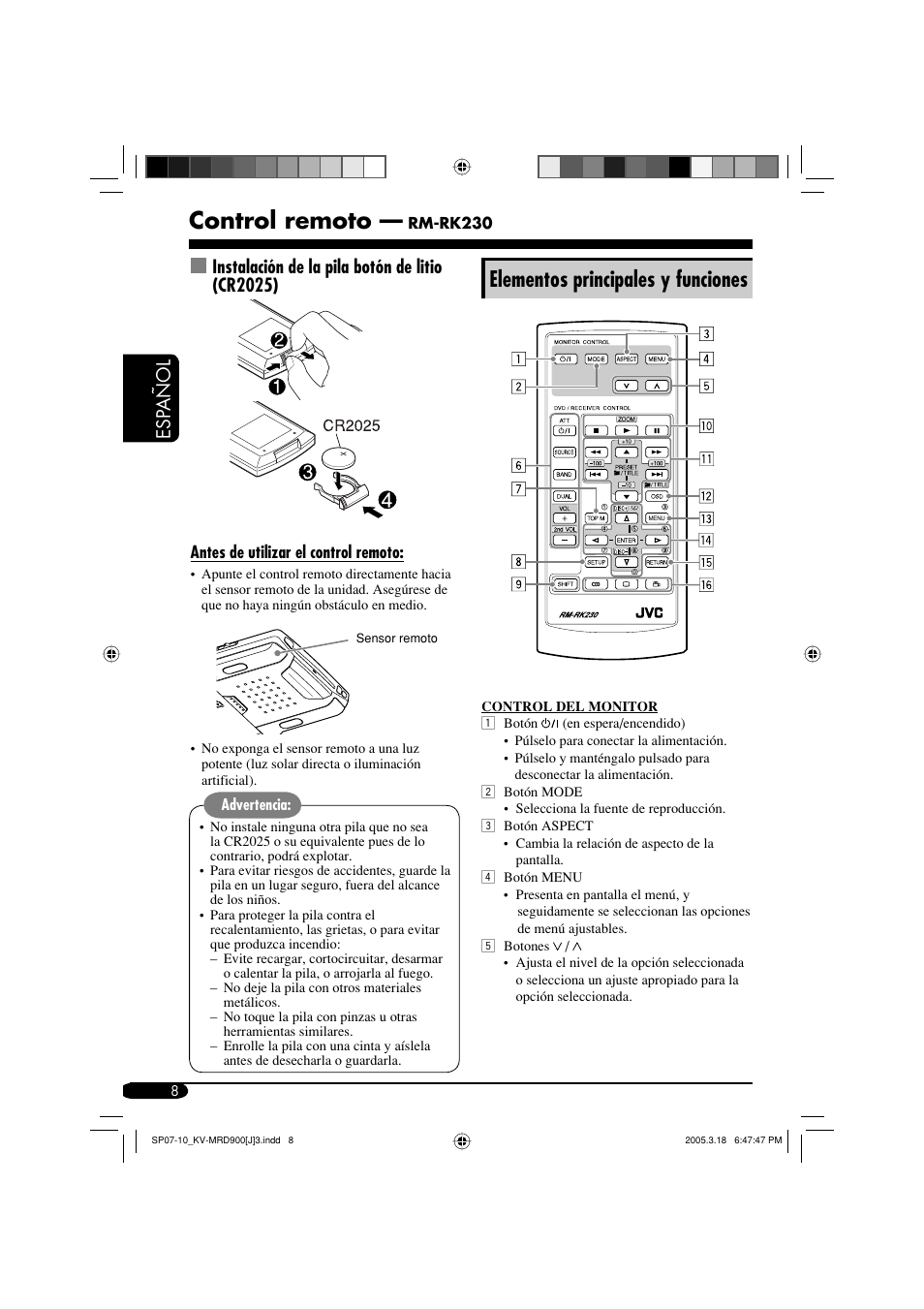 Control remoto, Elementos principales y funciones, Esp a ñ ol | Instalación de la pila botón de litio (cr2025) | JVC LVT1340-001A User Manual | Page 46 / 117