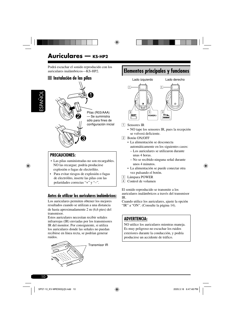 Auriculares, Elementos principales y funciones, Esp a ñ ol | Instalación de las pilas | JVC LVT1340-001A User Manual | Page 48 / 117