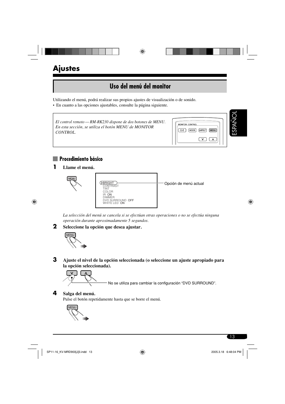 Ajustes, Uso del menú del monitor, Esp a ñ ol | Procedimiento básico 1 | JVC LVT1340-001A User Manual | Page 51 / 117
