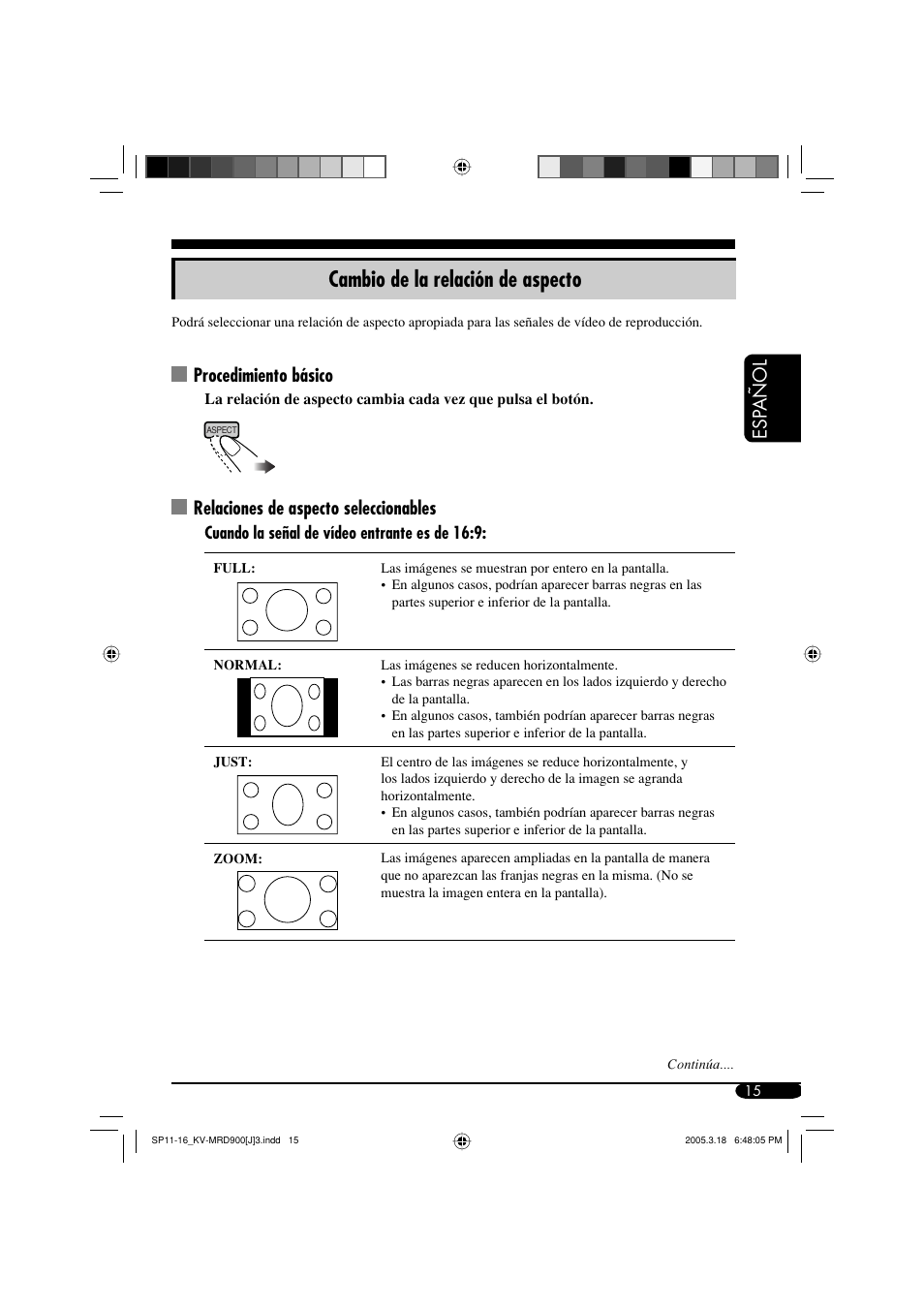 Cambio de la relación de aspecto, Esp a ñ ol, Procedimiento básico | Relaciones de aspecto seleccionables | JVC LVT1340-001A User Manual | Page 53 / 117