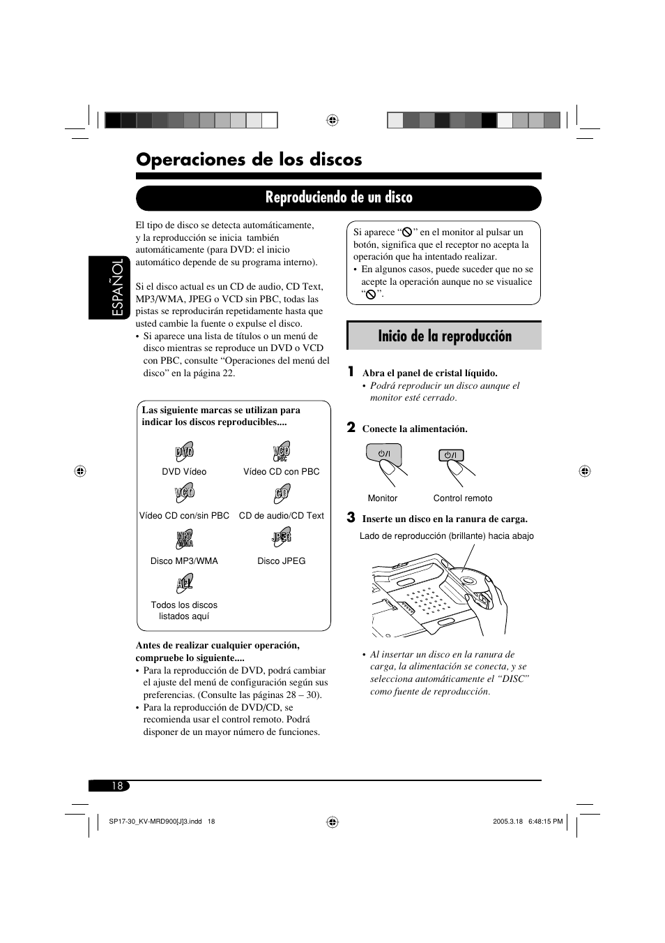 Operaciones de los discos, Inicio de la reproducción, Reproduciendo de un disco | Esp a ñ ol | JVC LVT1340-001A User Manual | Page 56 / 117