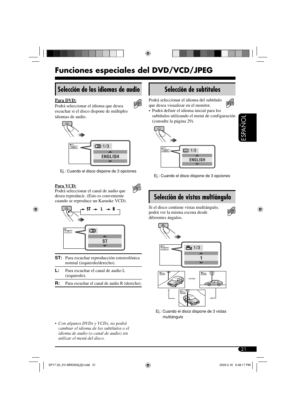 Funciones especiales del dvd/vcd/jpeg, Selección de los idiomas de audio, Selección de subtítulos | Selección de vistas multiángulo, Esp a ñ ol | JVC LVT1340-001A User Manual | Page 59 / 117