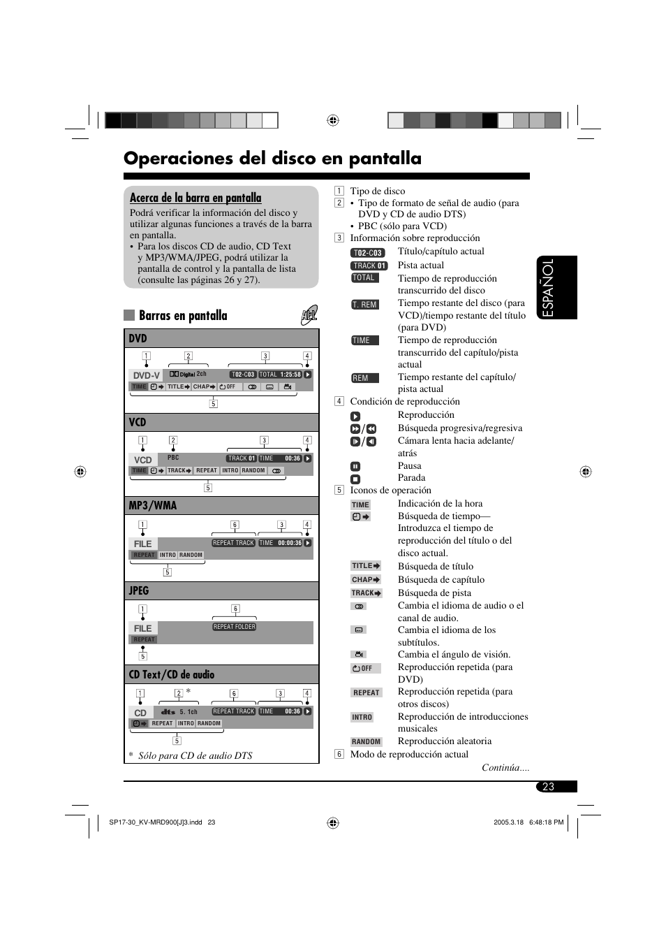 Operaciones del disco en pantalla, Esp a ñ ol, Barras en pantalla | Acerca de la barra en pantalla | JVC LVT1340-001A User Manual | Page 61 / 117