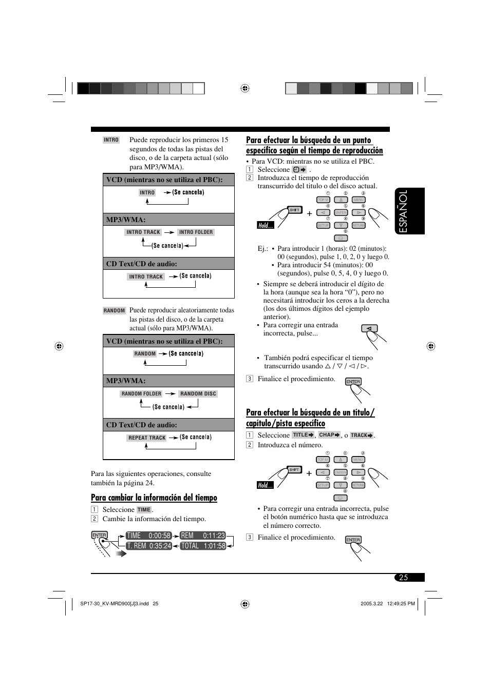 Esp añol, Para cambiar la información del tiempo | JVC LVT1340-001A User Manual | Page 63 / 117