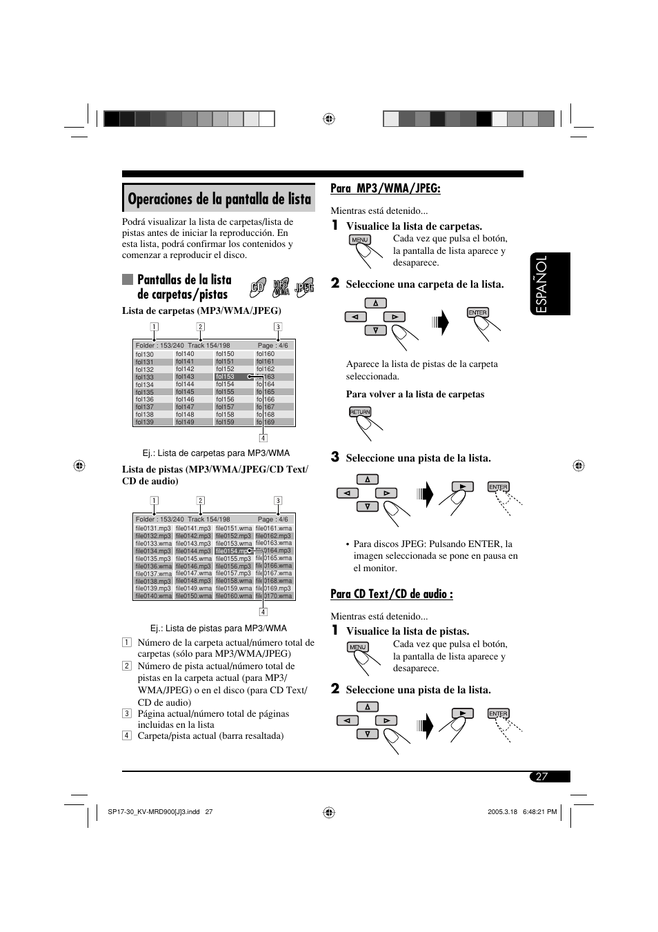 Operaciones de la pantalla de lista, Esp a ñ ol, Pantallas de la lista de carpetas/pistas | JVC LVT1340-001A User Manual | Page 65 / 117