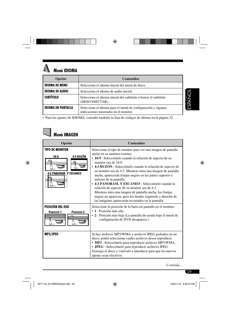 Esp a ñ ol, Menú idioma, Menú imagen | JVC LVT1340-001A User Manual | Page 67 / 117
