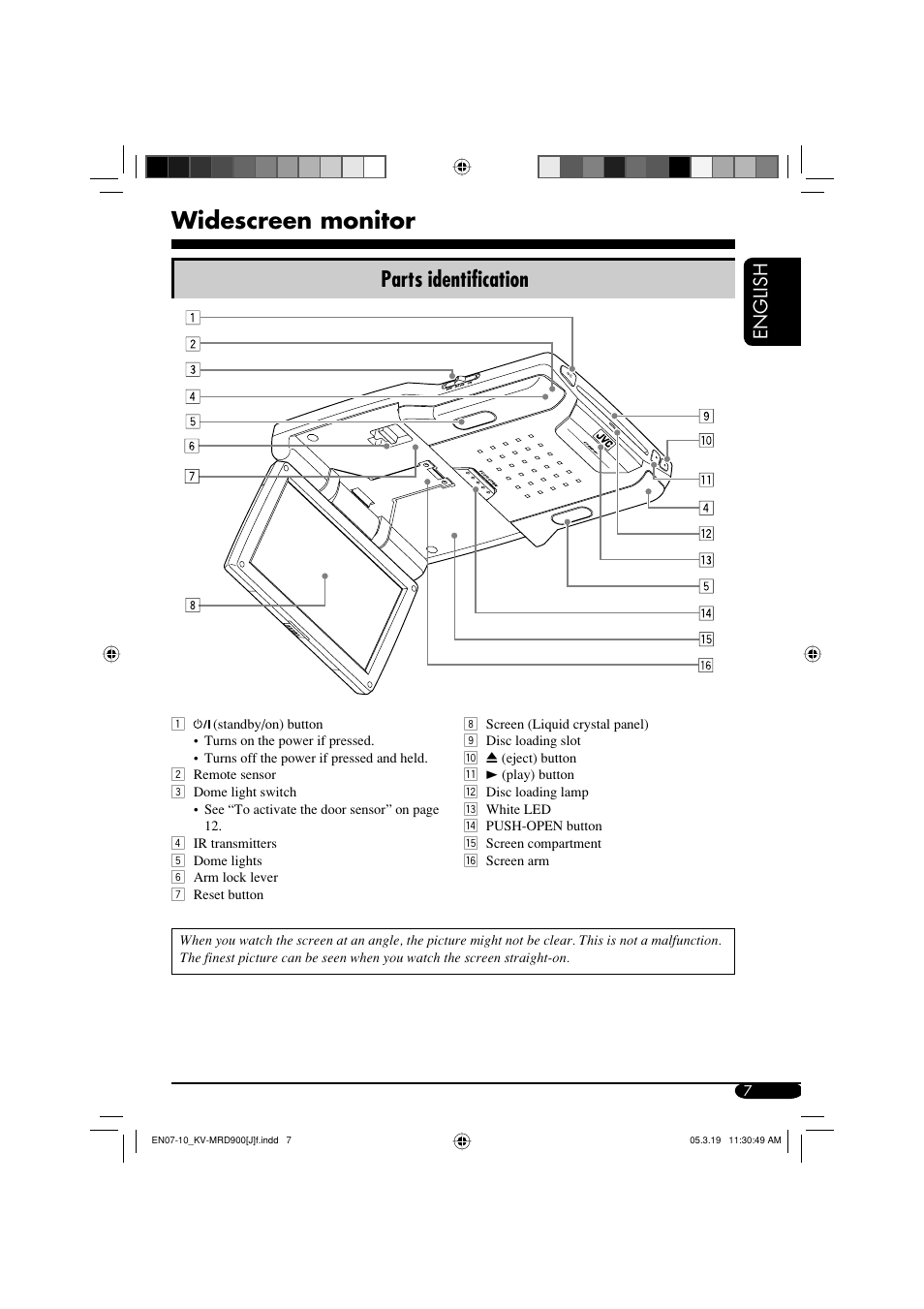 Widescreen monitor, Parts identification, English | JVC LVT1340-001A User Manual | Page 7 / 117