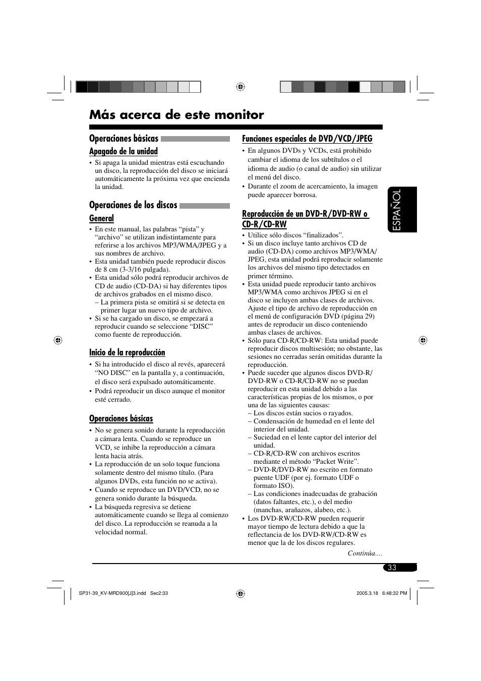 Más acerca de este monitor, Esp a ñ ol, Operaciones básicas | Operaciones de los discos | JVC LVT1340-001A User Manual | Page 71 / 117