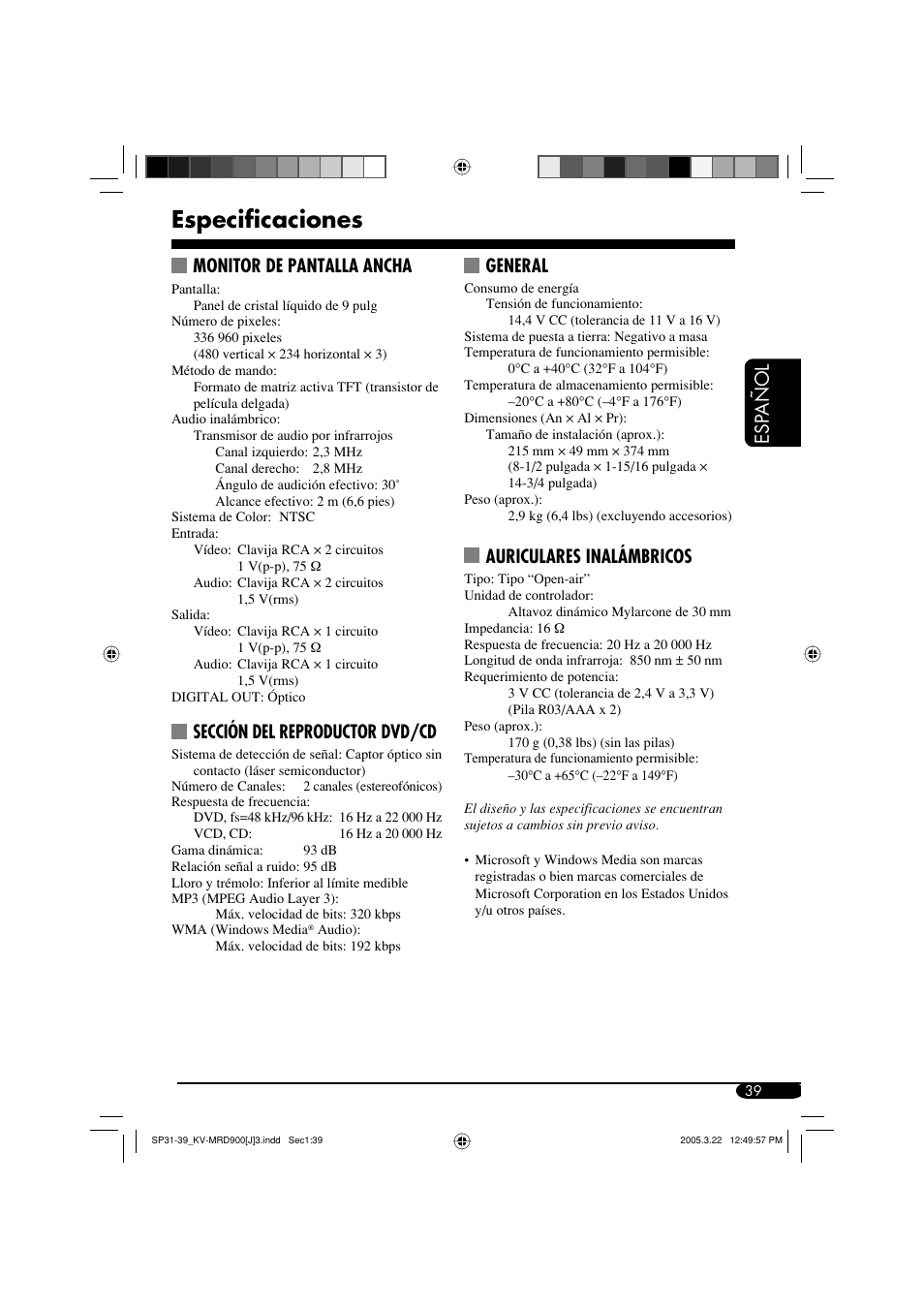 Especificaciones, Esp a ñ ol, Monitor de pantalla ancha | Sección del reproductor dvd/cd, General, Auriculares inalámbricos | JVC LVT1340-001A User Manual | Page 77 / 117
