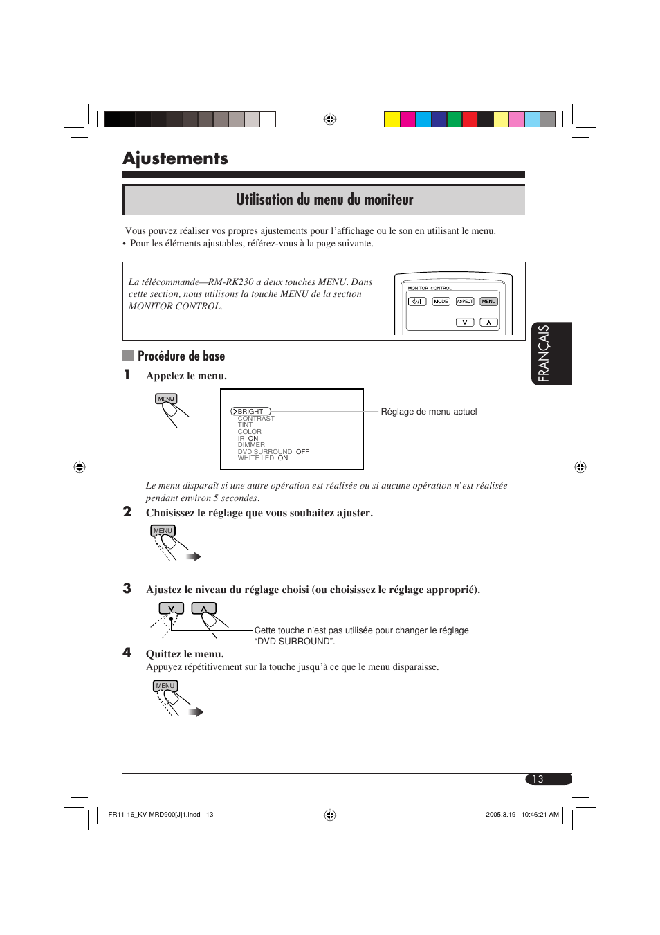 Ajustements, Utilisation du menu du moniteur, Fran ç ais | Procédure de base 1 | JVC LVT1340-001A User Manual | Page 89 / 117