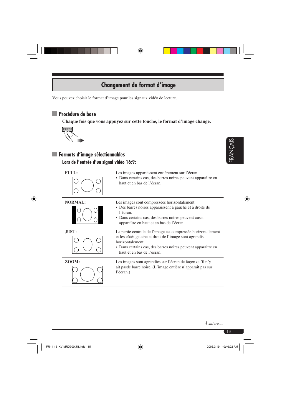 Changement du format d’image, Fran ç ais, Procédure de base | Formats d’image sélectionnables | JVC LVT1340-001A User Manual | Page 91 / 117