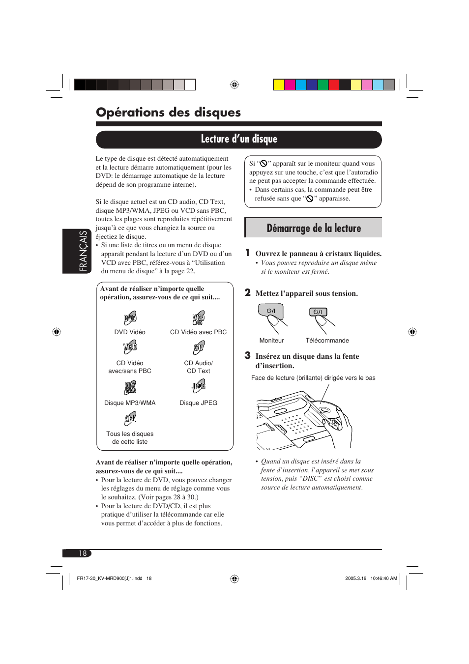 Opérations des disques, Démarrage de la lecture, Lecture d’un disque | Fran ç ais | JVC LVT1340-001A User Manual | Page 94 / 117