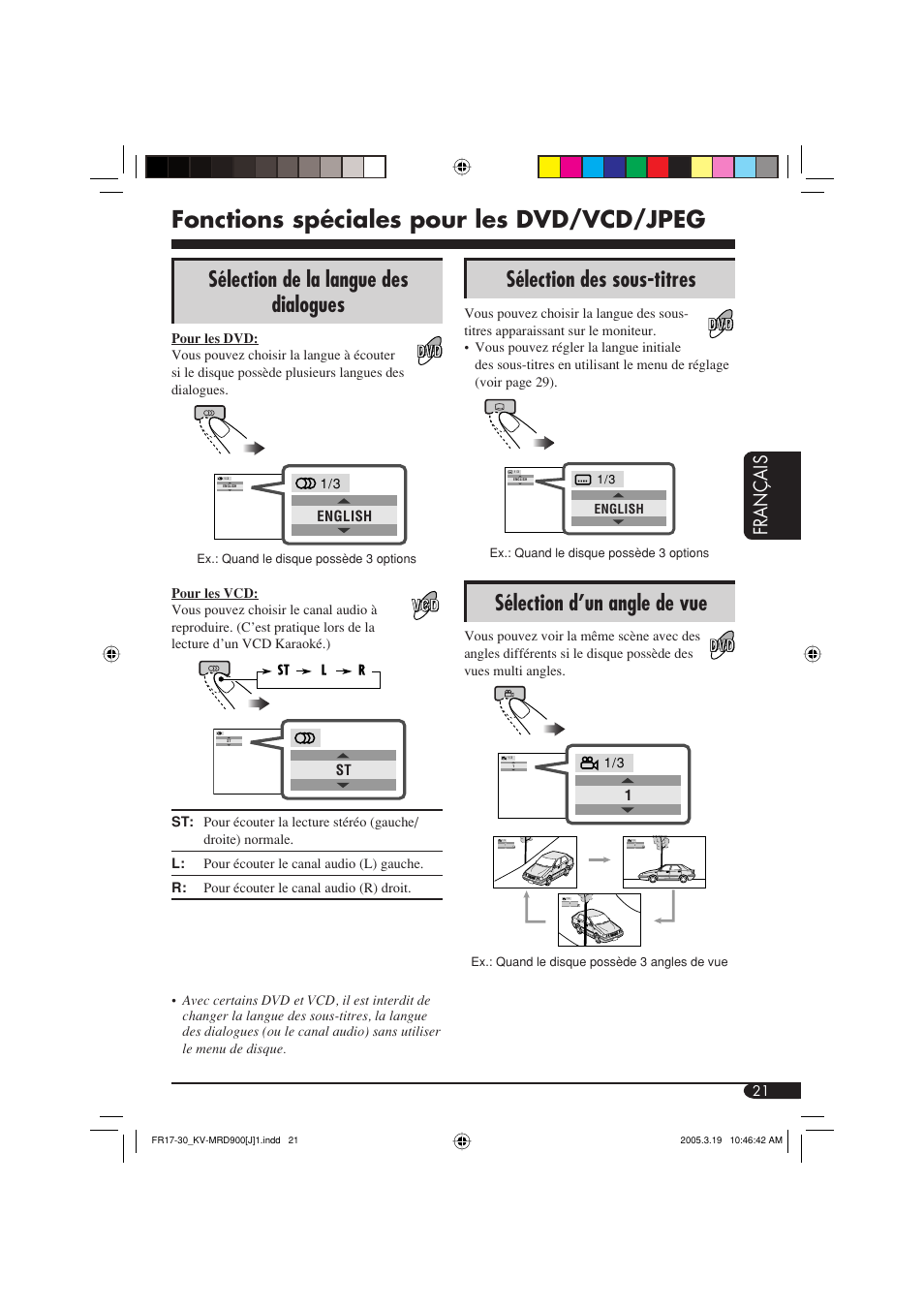 Fonctions spéciales pour les dvd/vcd/jpeg, Sélection de la langue des dialogues, Sélection des sous-titres | Sélection d’un angle de vue, Fran ç ais | JVC LVT1340-001A User Manual | Page 97 / 117