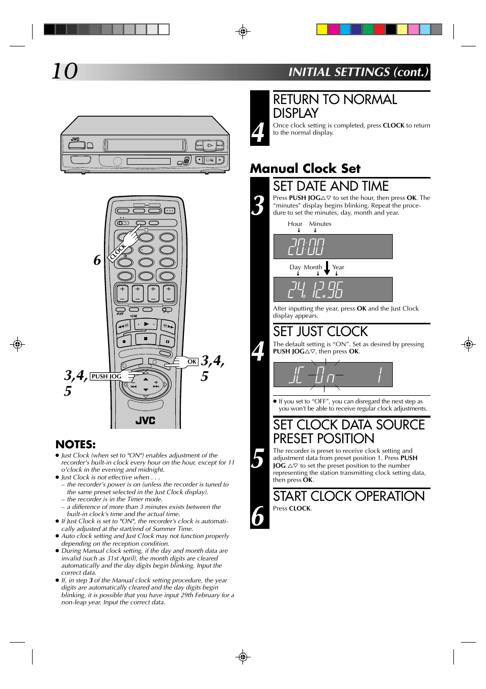Return to normal display, Set date and time, Set just clock | Set clock data source preset position, Start clock operation, Initial settings (cont.), Manual clock set | JVC HR-A630EK User Manual | Page 10 / 44