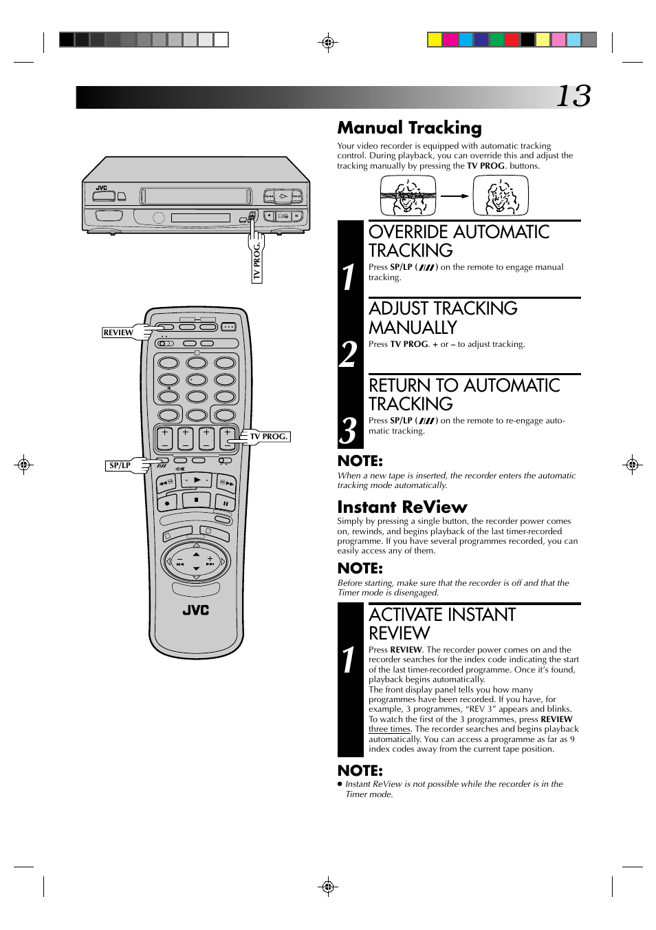 Override automatic tracking, Adjust tracking manually, Return to automatic tracking | Activate instant review, Manual tracking, Instant review | JVC HR-A630EK User Manual | Page 13 / 44