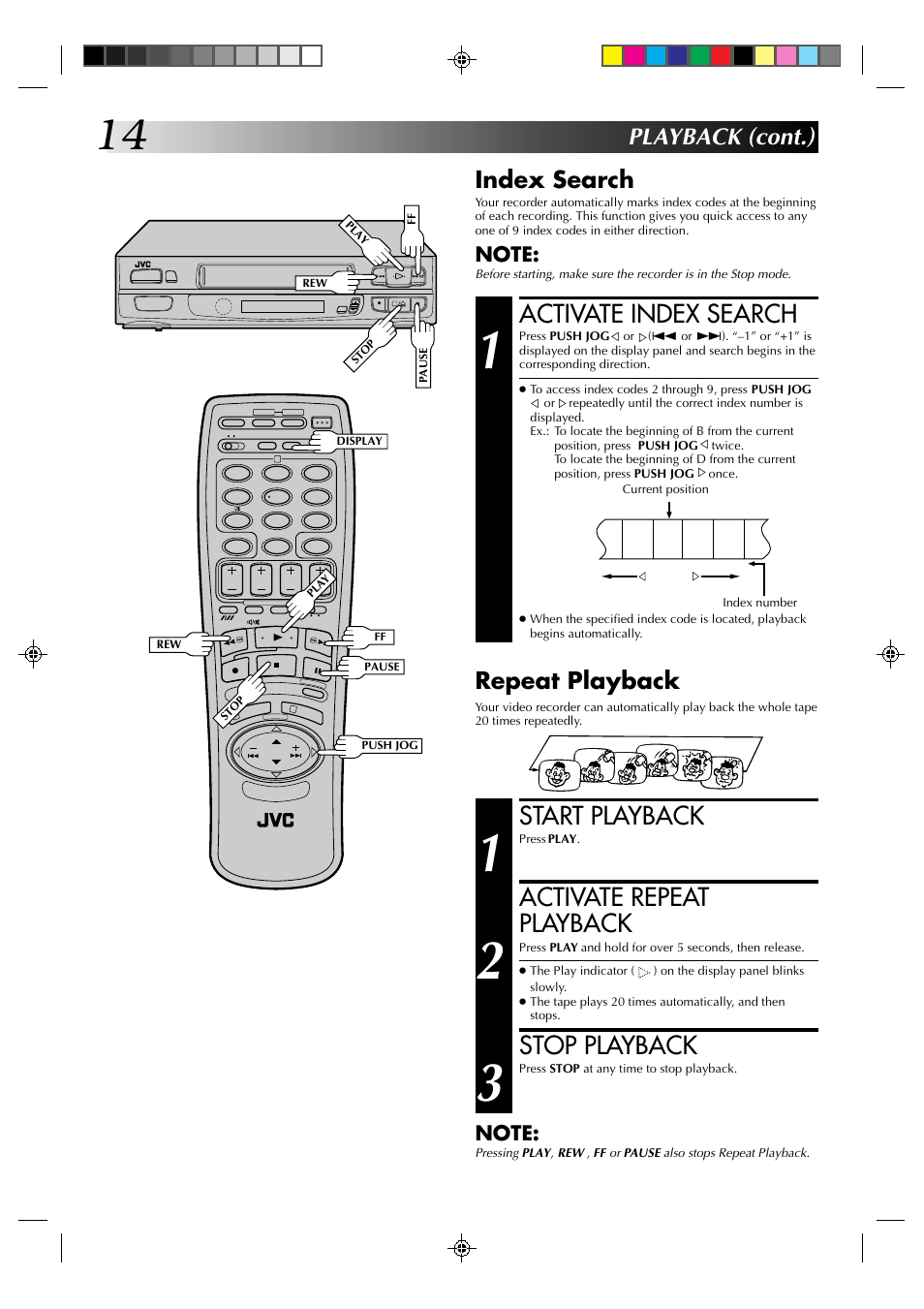 Activate index search, Start playback, Activate repeat playback | Stop playback, Playback (cont.) index search, Repeat playback | JVC HR-A630EK User Manual | Page 14 / 44