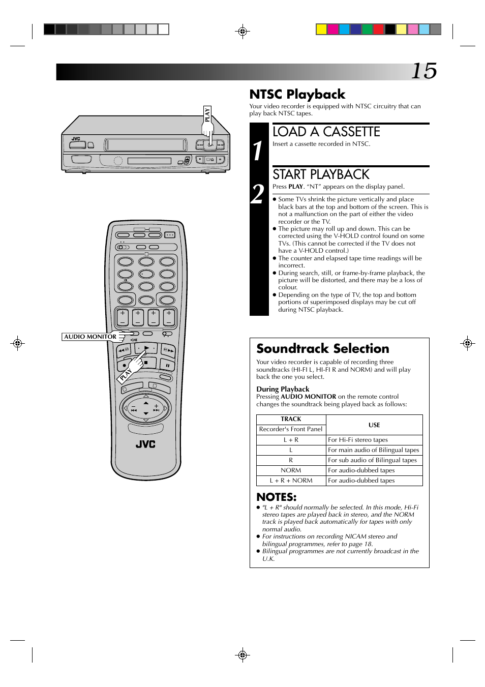 Load a cassette, Start playback, Ntsc playback | Soundtrack selection | JVC HR-A630EK User Manual | Page 15 / 44