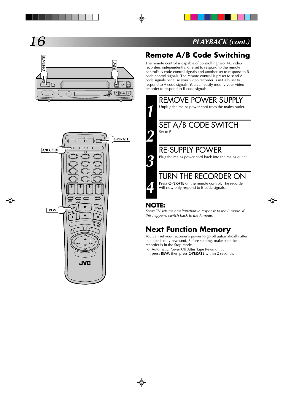 Remove power supply, Set a/b code switch, Re-supply power | Turn the recorder on, Remote a/b code switching | JVC HR-A630EK User Manual | Page 16 / 44