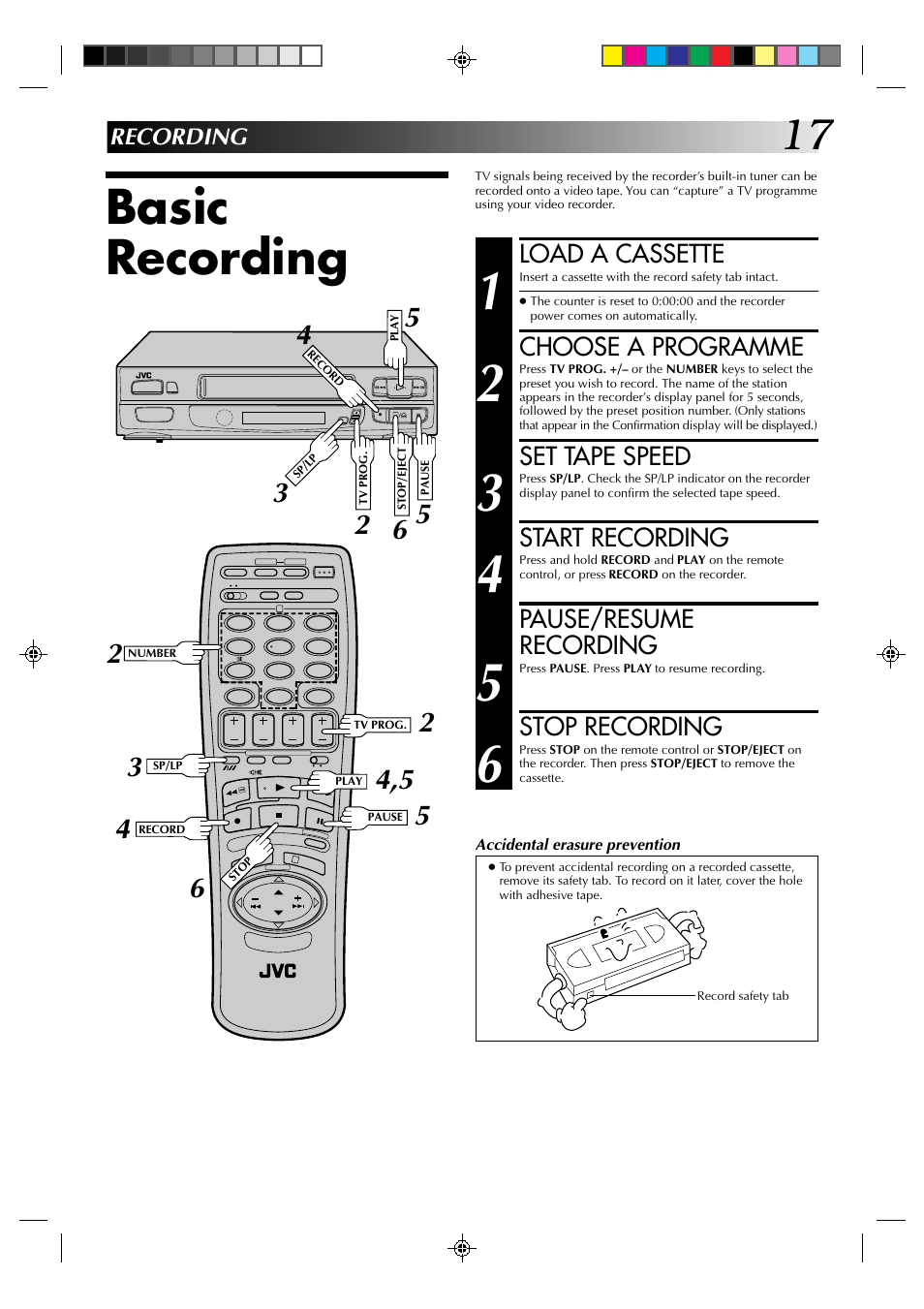 Basic recording, Load a cassette, Choose a programme | Set tape speed, Start recording, Pause/resume recording, Stop recording | JVC HR-A630EK User Manual | Page 17 / 44