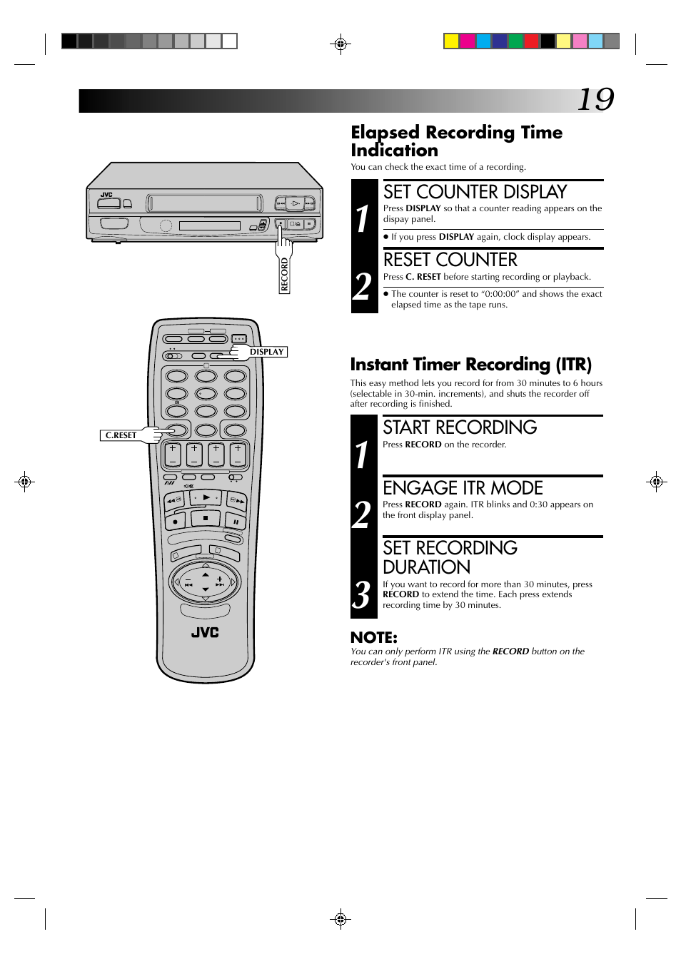 Start recording, Engage itr mode, Set recording duration | Set counter display, Reset counter, Instant timer recording (itr), Elapsed recording time indication | JVC HR-A630EK User Manual | Page 19 / 44