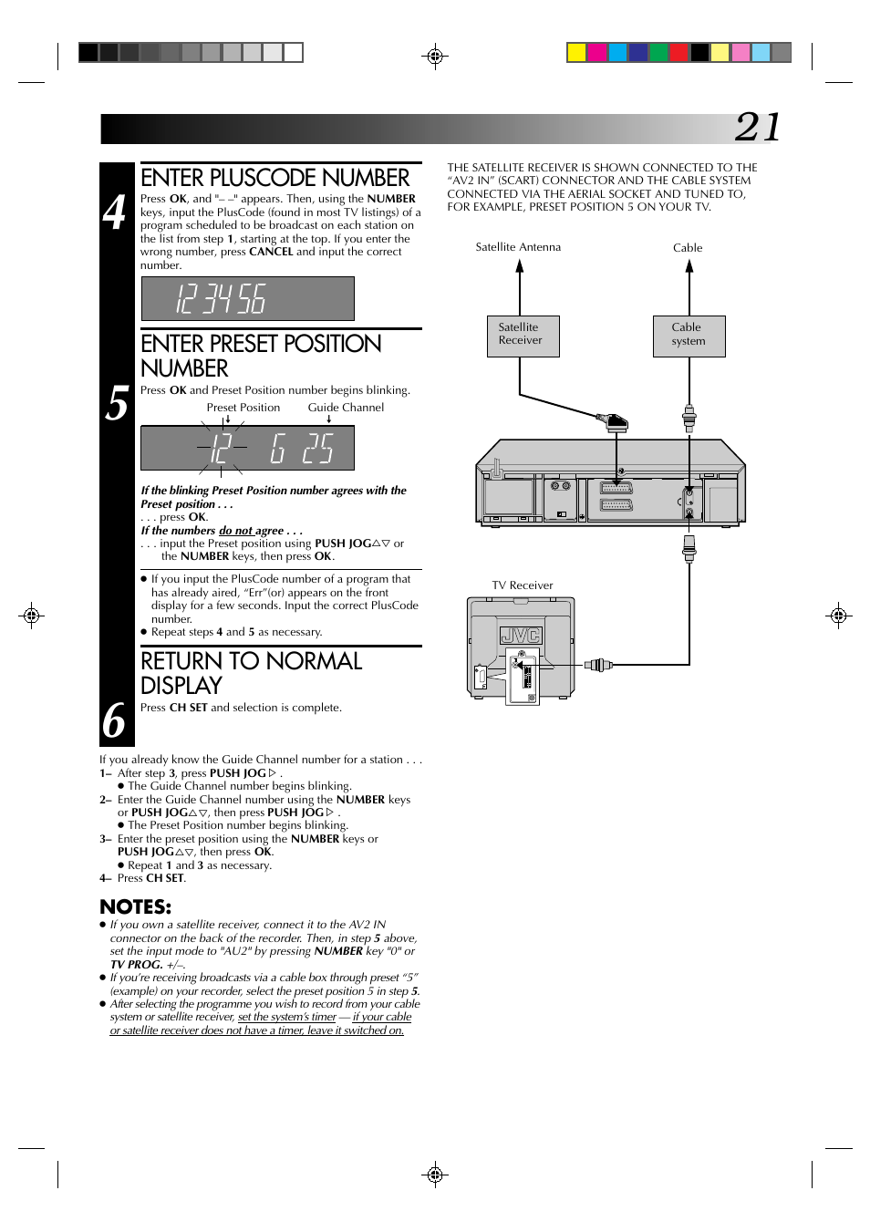 Enter pluscode number, Enter preset position number, Return to normal display | JVC HR-A630EK User Manual | Page 21 / 44