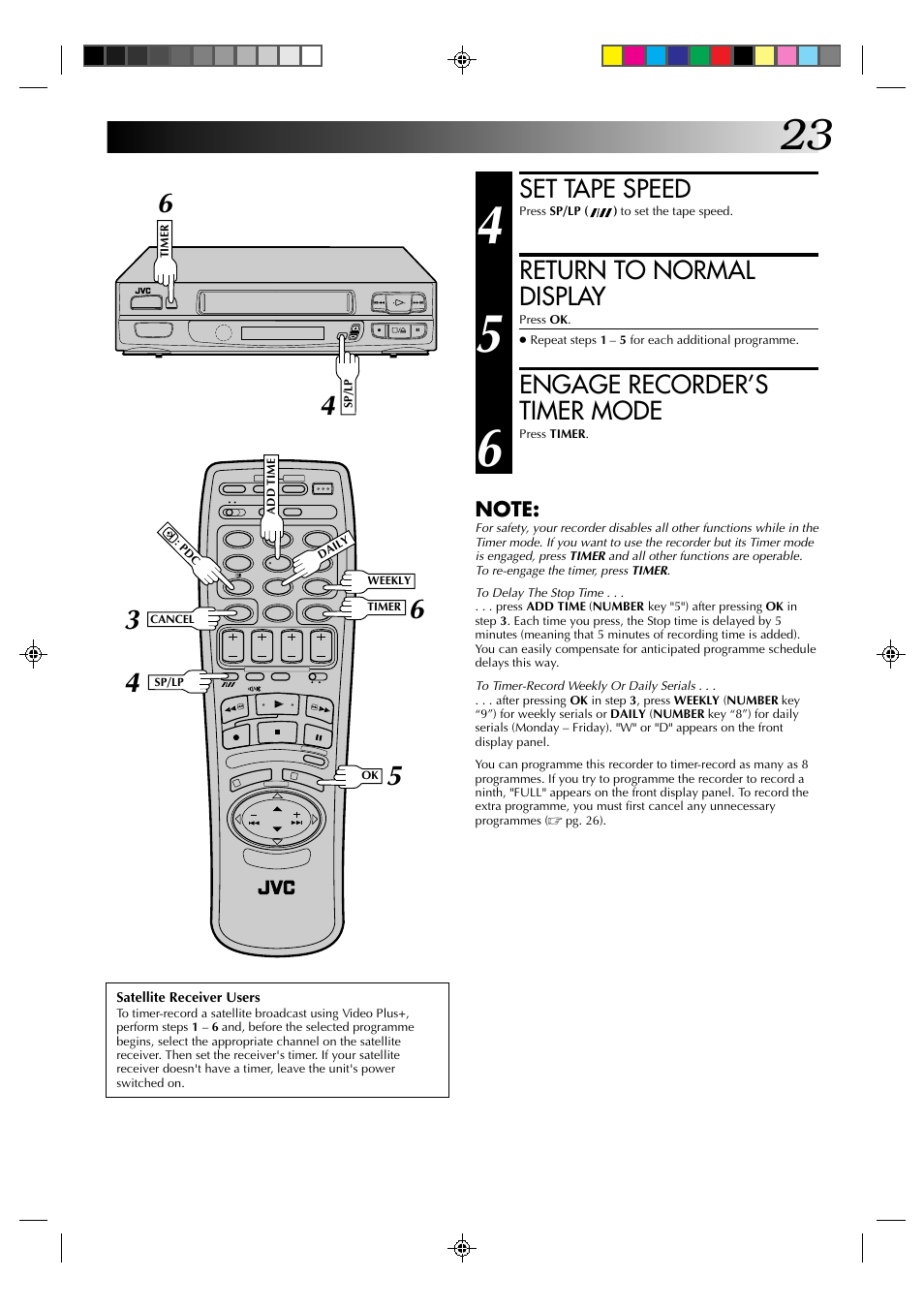 Set tape speed, Return to normal display, Engage recorder’s timer mode | JVC HR-A630EK User Manual | Page 23 / 44
