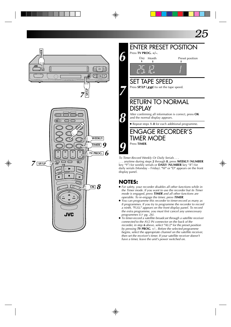 Enter preset position, Set tape speed, Return to normal display | Engage recorder’s timer mode | JVC HR-A630EK User Manual | Page 25 / 44