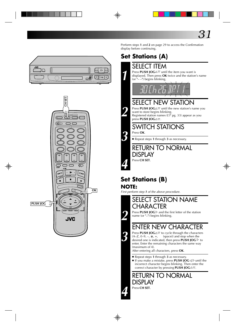 Select item, Select new station, Switch stations | Return to normal display, Select station name character, Enter new character, Set stations (a), Set stations (b) | JVC HR-A630EK User Manual | Page 31 / 44