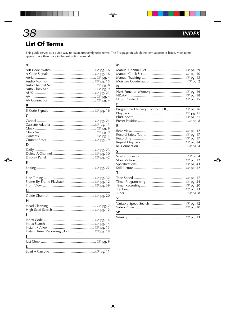 Index list of terms | JVC HR-A630EK User Manual | Page 38 / 44