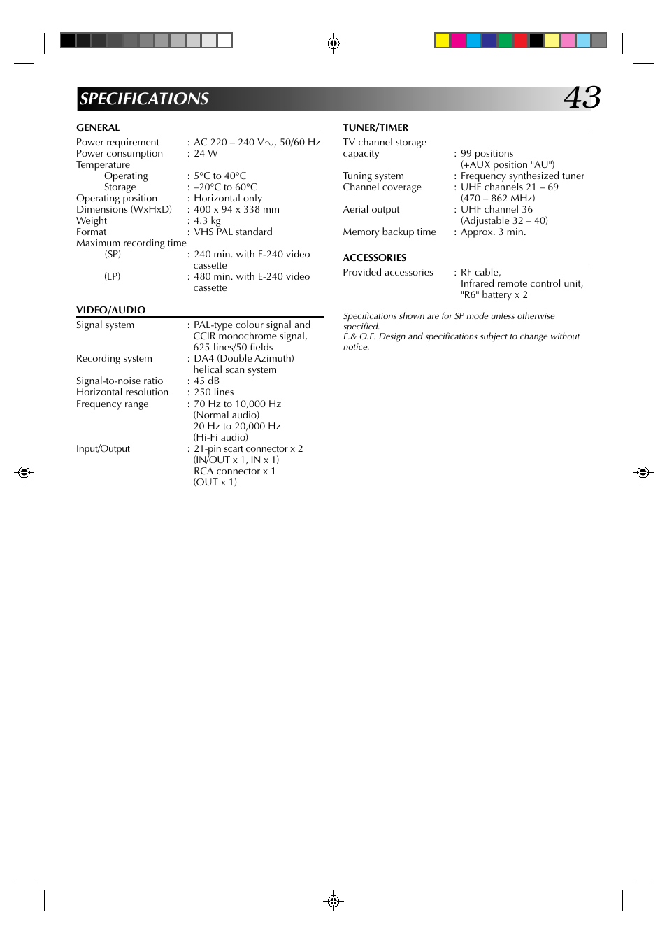 Specifications | JVC HR-A630EK User Manual | Page 43 / 44